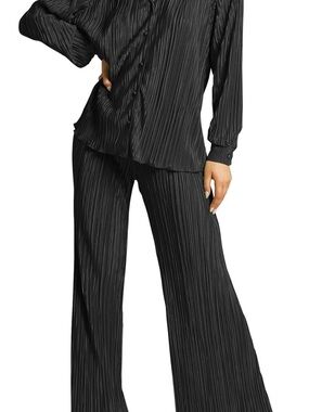 Black Plissé Button-Down Top & Wide Leg Pants Set Amazon medium